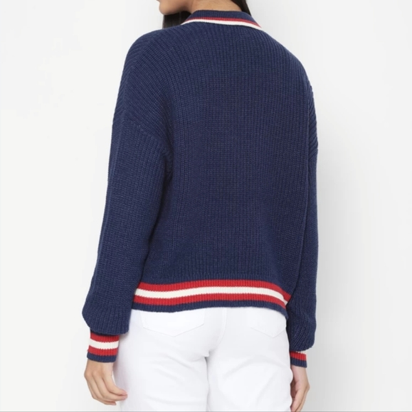 American Eagle Varsity Cardigan Sweater XL Blue White Striped Collared Preppy - Picture 5 of 13